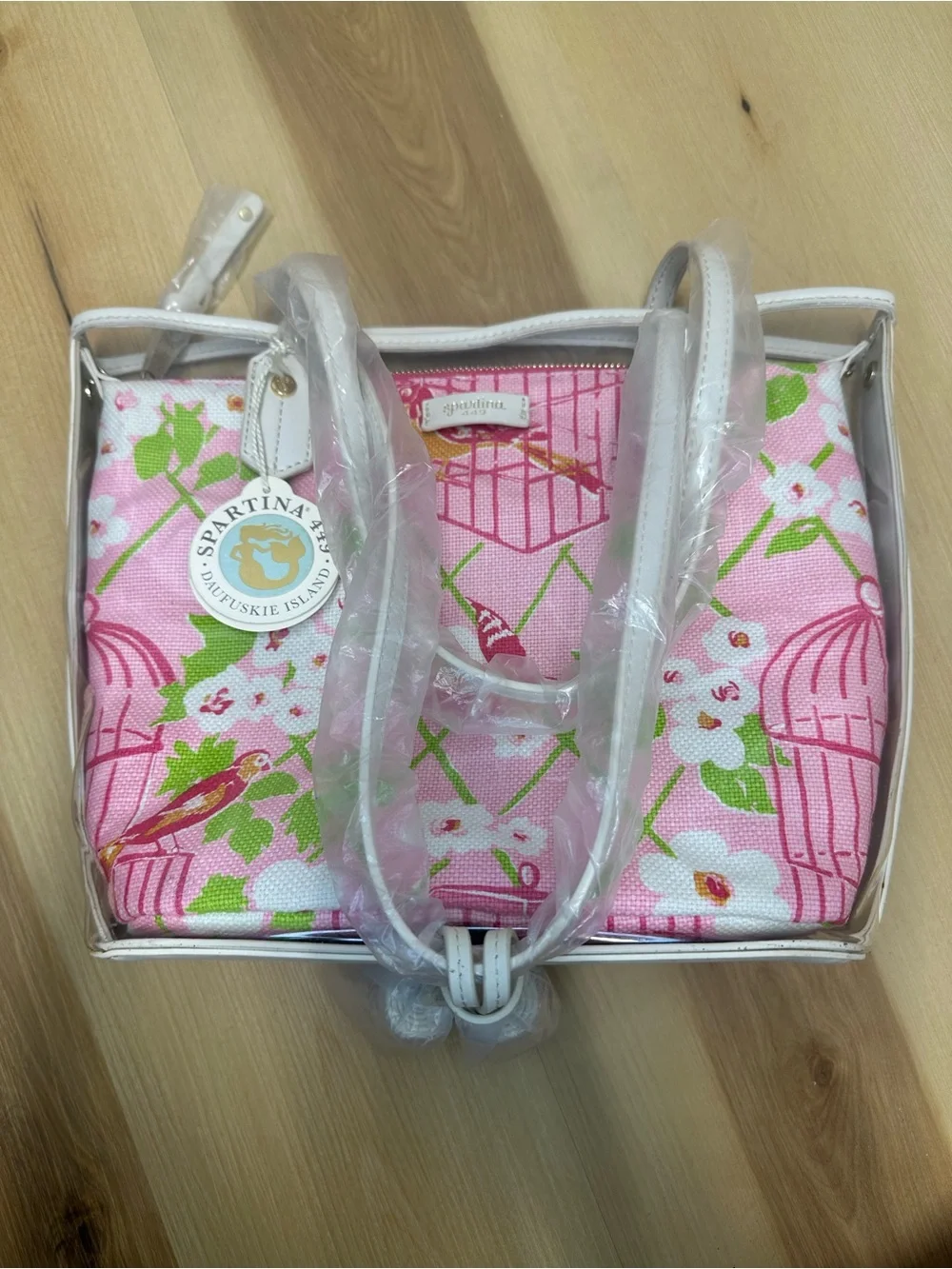Spartina 449 Pink Floral Clear Tote with Cream Trim